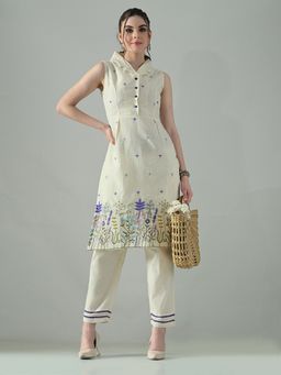 MYSHKA - Off White Embroidered Notched Lapel Pure Cotton Kurta with Pant