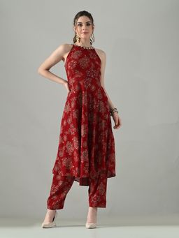 MYSHKA - Red Floral Halter Neck Silk Blend Kurta with Pant