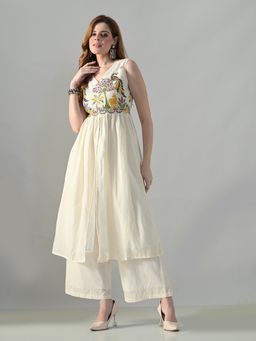 MYSHKA - Off White Embroidered V-Neck Pure Cotton Kurta with Palazzo