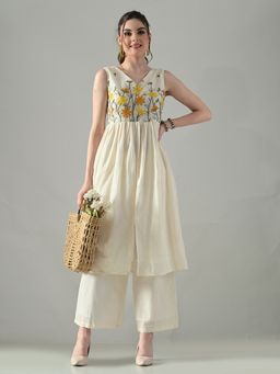 MYSHKA - Off White Embroidered V-Neck Pure Cotton Kurta with Palazzo