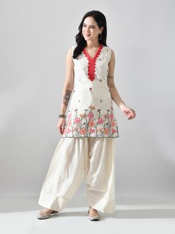MYSHKA - Off White Embroidered V-Neck Pure Cotton Kurta with Salwar