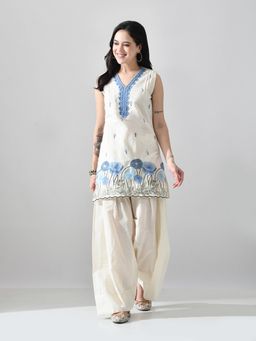 MYSHKA - Off White Embroidered V-Neck Pure Cotton Kurta with Salwar