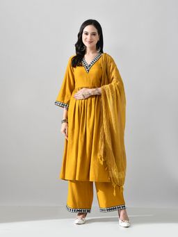 MYSHKA - Mustard Embroidered V-Neck Silk Blend Anarkali Kurta with Palazzo and Dupatta