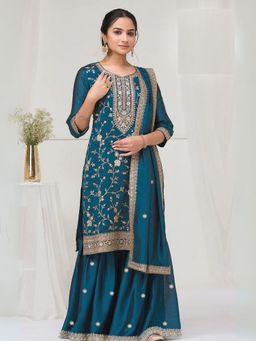 Odette - Teal Blue Silk Blend Embroidered Semi-Stitched Kurta with Bottom and Dupatta