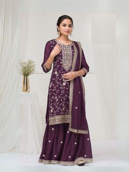 Odette - Purple Silk Blend Embroidered Semi-Stitched Kurta with Bottom and Dupatta