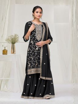 Odette - Black Silk Blend Embroidered Semi-Stitched Kurta with Bottom and Dupatta