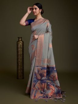 MEENA BAZAAR - Woven Grey Art Silk Saree with Unstitched Blouse