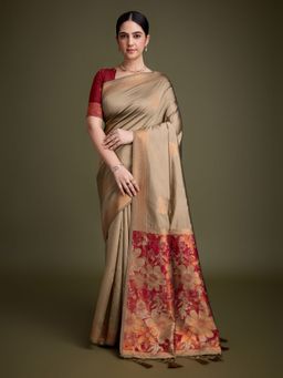 MEENA BAZAAR - Woven Beige Art Silk Saree with Unstitched Blouse