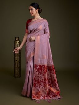 MEENA BAZAAR - Woven Pink Art Silk Saree with Unstitched Blouse