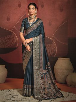 MEENA BAZAAR - Zari Woven Teal Art Silk Saree with Unstitched Blouse