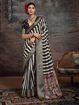 MEENA BAZAAR - Stripes Printed Black Art Silk Saree with Unstitched Blouse