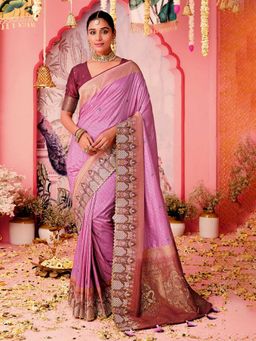 MEENA BAZAAR - Embroidered Pink Art Silk Saree with Unstitched Blouse