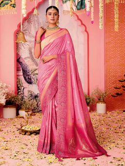 MEENA BAZAAR - Embroidered Pink Art Silk Saree with Unstitched Blouse