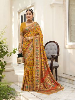 MEENA BAZAAR - Paisley Printed Mustard Art Silk Saree with Unstitched Blouse