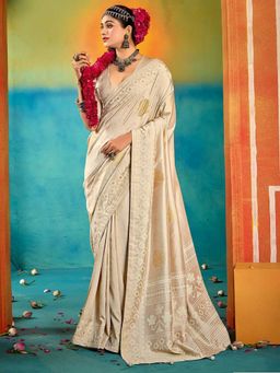 MEENA BAZAAR - Geometric Printed Cream Art Silk Saree with Unstitched Blouse