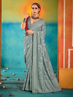 MEENA BAZAAR - Printed Grey Art Silk Saree with Unstitched Blouse