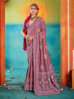 MEENA BAZAAR - Geometric Printed Mauve Art Silk Saree with Unstitched Blouse
