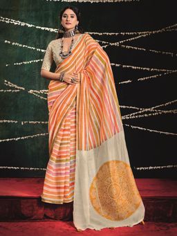 MEENA BAZAAR - Printed Orange Chanderi Saree with Unstitched Blouse