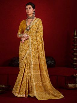 MEENA BAZAAR - Printed Mustard Art Silk Saree with Unstitched Blouse
