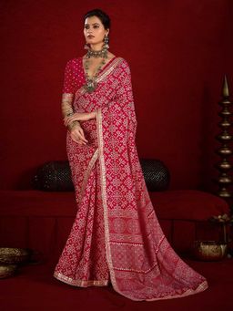 MEENA BAZAAR - Printed Pink Art Silk Saree with Unstitched Blouse