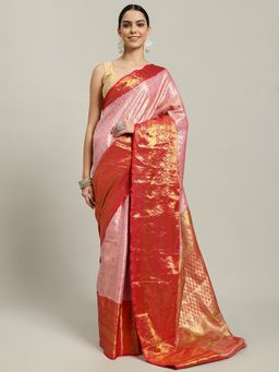 MEENA BAZAAR - Floral Zari Woven Pink Art Silk Saree with Unstitched Blouse