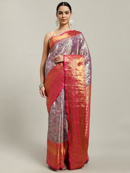 MEENA BAZAAR - Floral Zari Woven Purple Art Silk Saree with Unstitched Blouse