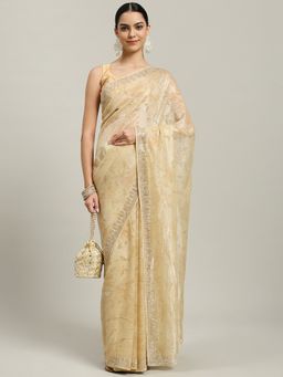 MEENA BAZAAR - Embellished Beige Chiffon Saree with Unstitched Blouse