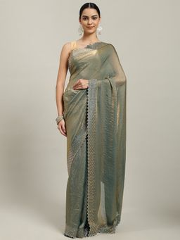 MEENA BAZAAR - Embellished Green Art Silk Saree with Unstitched Blouse