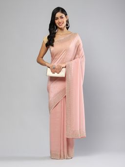 MEENA BAZAAR - Embellished Peach Chiffon Saree with Unstitched Blouse