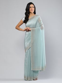 MEENA BAZAAR - Embellished Blue Chiffon Saree with Unstitched Blouse