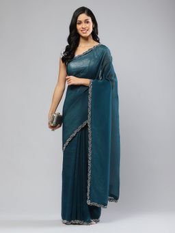 MEENA BAZAAR - Embellished Teal Chiffon Saree with Unstitched Blouse