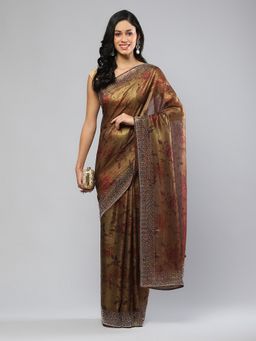 MEENA BAZAAR - Embellished Olive Chiffon Saree with Unstitched Blouse