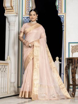 MEENA BAZAAR - Zari Woven Pink Linen Saree with Unstitched Blouse