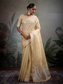 MEENA BAZAAR - Embroidered Beige Linen Saree with Unstitched Blouse