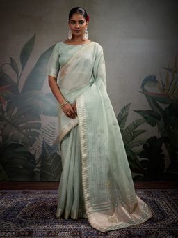MEENA BAZAAR - Embroidered Green Linen Saree with Unstitched Blouse