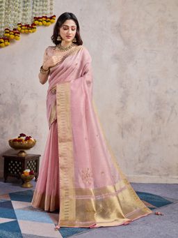 MEENA BAZAAR - Embroidered Pink Linen Saree with Unstitched Blouse