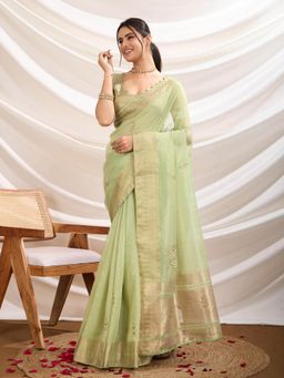 MEENA BAZAAR - Embroidered Green Linen Saree with Unstitched Blouse