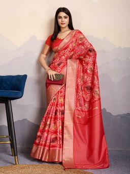 MEENA BAZAAR - Printed Red Art Silk Saree with Unstitched Blouse