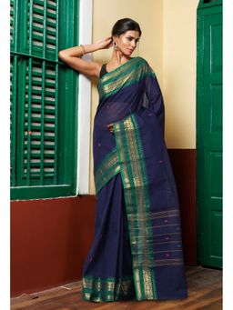 Unnati Silks - Navy Blue Pure Pavani Handcrafted Kanchi Cotton Saree Without Blouse