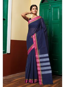 Unnati Silks - Navy Blue Pure Pavani Handcrafted Kanchi Cotton Saree Without Blouse