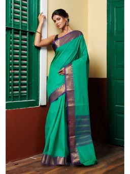 Unnati Silks - Turquoise Green Pure Pavani Handcrafted Kanchi Cotton Saree Without Blouse