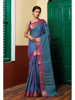 Unnati Silks - Navy Blue Pure Pavani Handcrafted Kanchi Cotton Saree Without Blouse