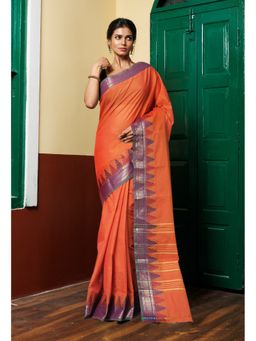 Unnati Silks - Orange Pure Pavani Handcrafted Kanchi Cotton Saree Without Blouse