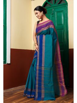 Unnati Silks - Peacock Blue Pure Pavani Handcrafted Kanchi Cotton Saree Without Blouse