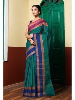 Unnati Silks - Peacock Green Pure Pavani Handcrafted Kanchi Cotton Saree Without Blouse