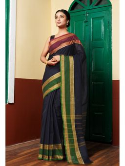 Unnati Silks - Navy Blue Pure Pavani Handcrafted Kanchi Cotton Saree Without Blouse