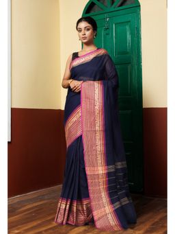 Unnati Silks - Navy Blue Pure Pavani Handcrafted Kanchi Cotton Saree Without Blouse