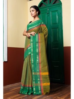 Unnati Silks - Mehndi Green Pure Pavani Handcrafted Kanchi Cotton Saree Without Blouse