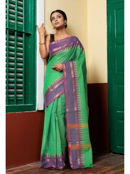 Unnati Silks - Parrot Green Pure Pavani Handcrafted Kanchi Cotton Saree Without Blouse