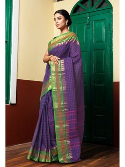 Unnati Silks - Violet Pure Pavani Handcrafted Kanchi Cotton Saree Without Blouse